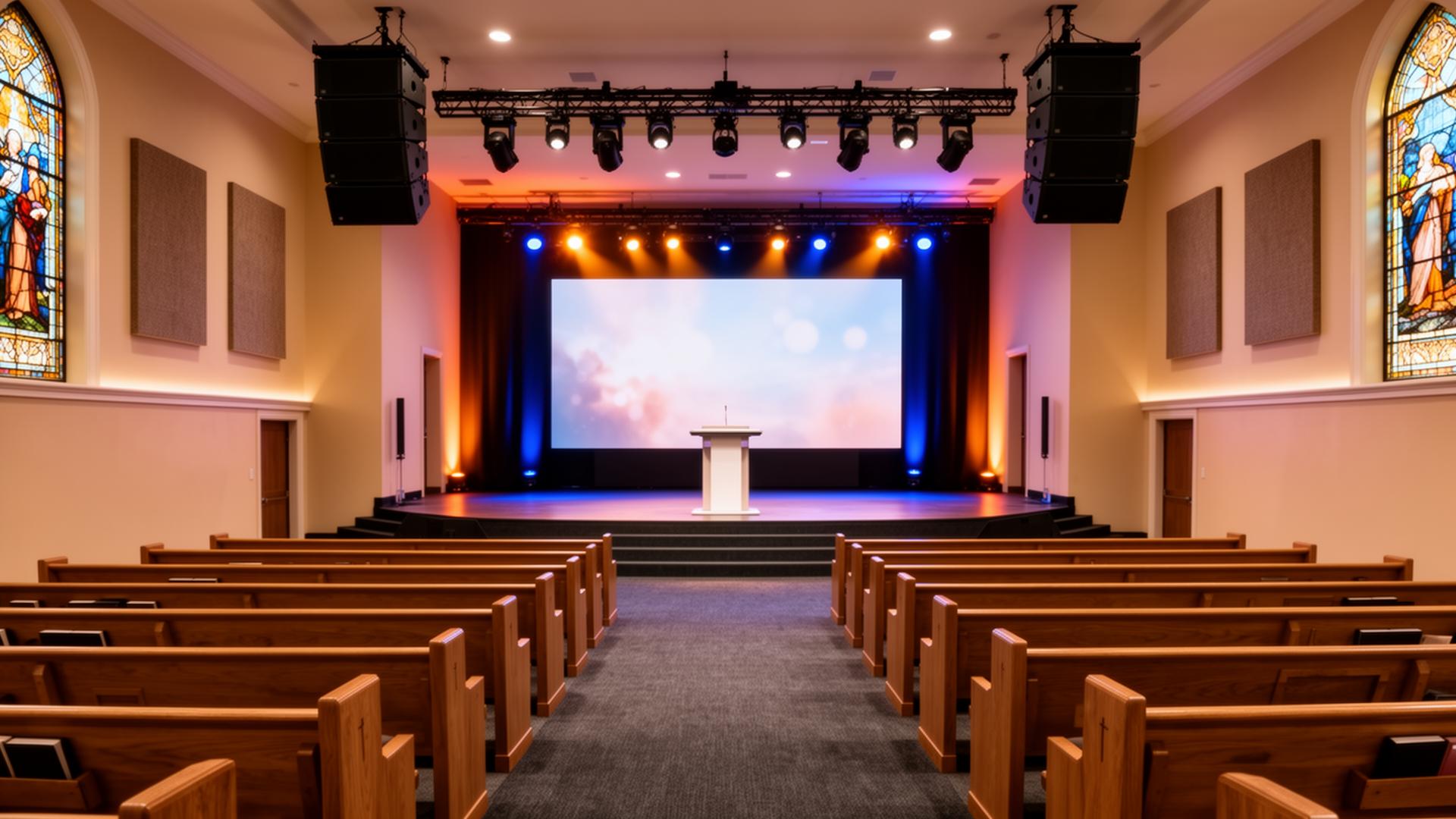 After SyncLive renovation: modern sanctuary with LED wall and line arrays