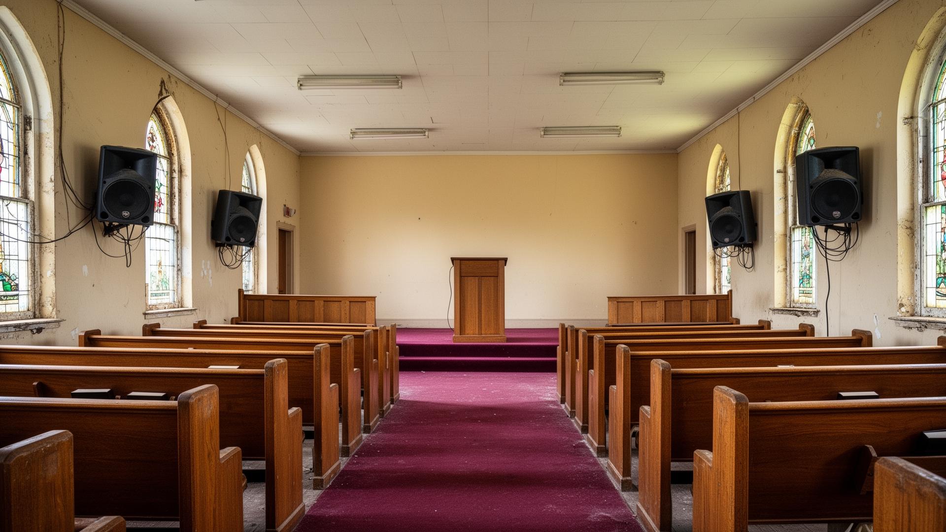Before: dated sanctuary with bulky speakers